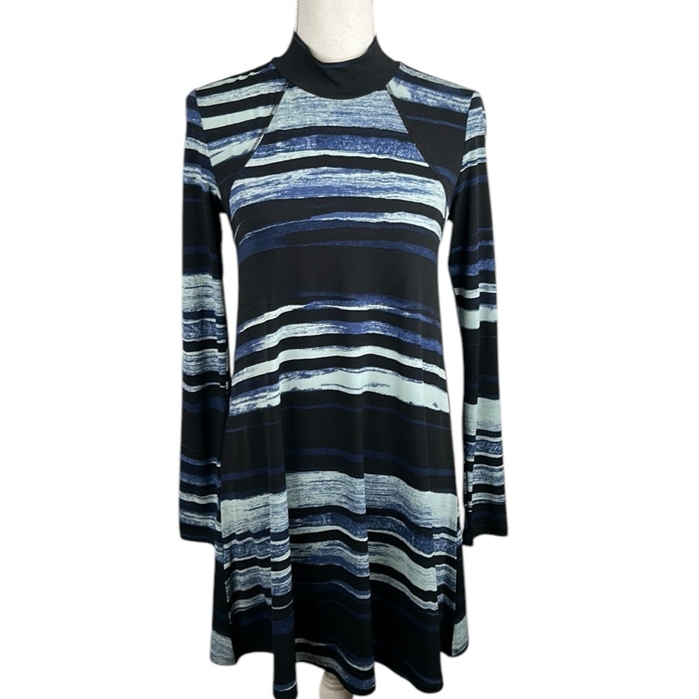 BCBGeneration Blue Striped Mock Neck Long Sleeve Fit & Flare Dress Size XXS‎